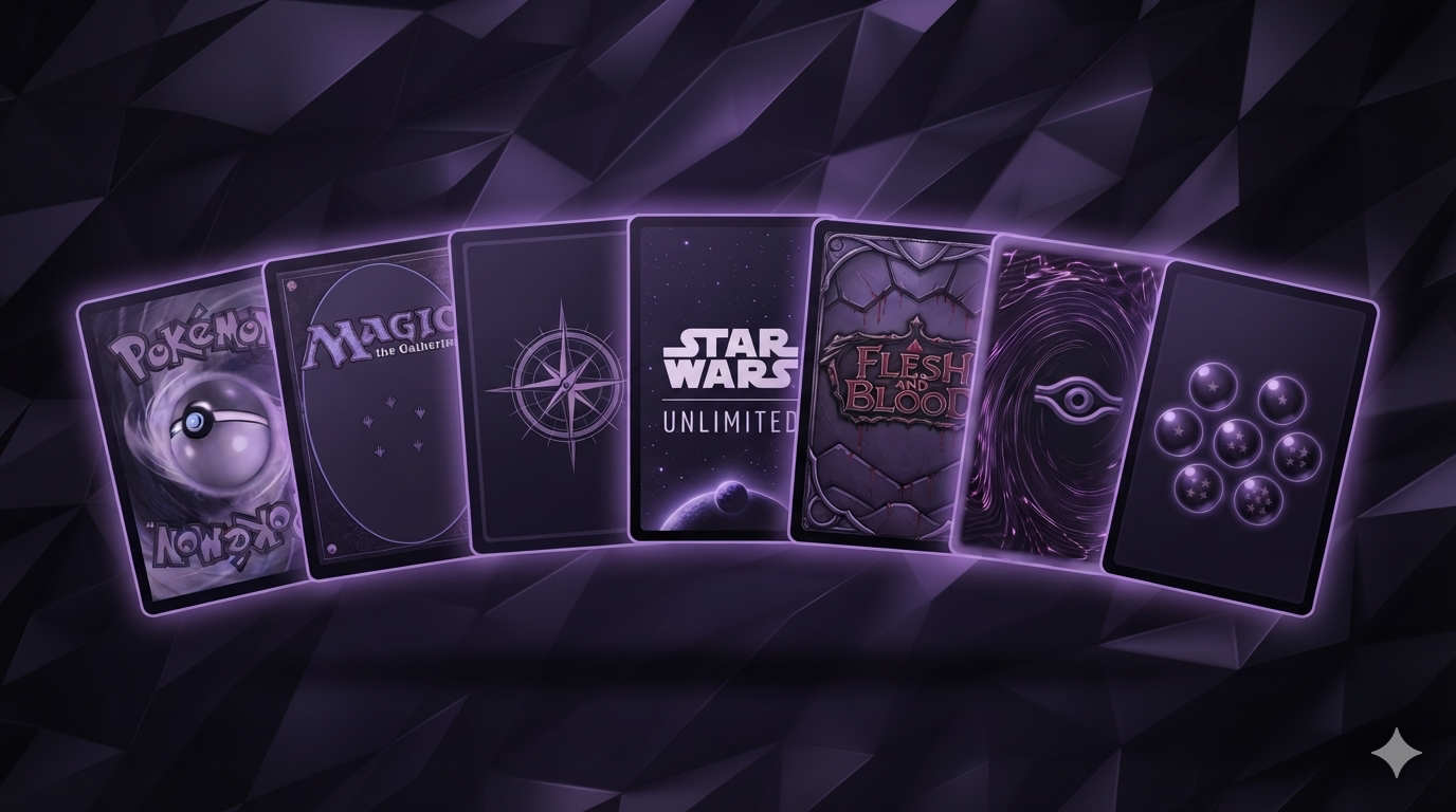 A selection of trading card singles including Pokémon, Magic: The Gathering, Star Wars Unlimited, Flesh and Blood, and Yu-Gi-Oh!